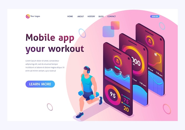 Isometricmobile app tracks a person's training athlete trains major muscle groups Landing page