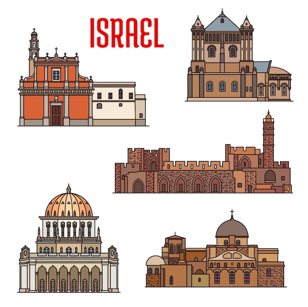 Israel landmarks architecture, travel sightseeing of Jaffa and Haifa, vector. Israeli Jewish and Islamic landmarks Holy Sepulchre Church, Bahai temple or Bab shrine and St Peter cathedral in Tel Aviv