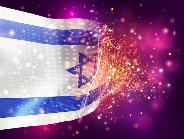 Israel, vector 3d flag on pink purple background with lighting and flares