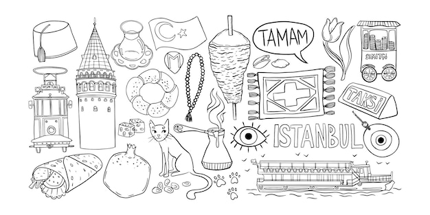 Istanbul doodle set Turkish symbols outline collection Handdrawn sketch collection of traditional Istanbul icons including tram Galata Tower Turkish coffee tea lokum and a ferry