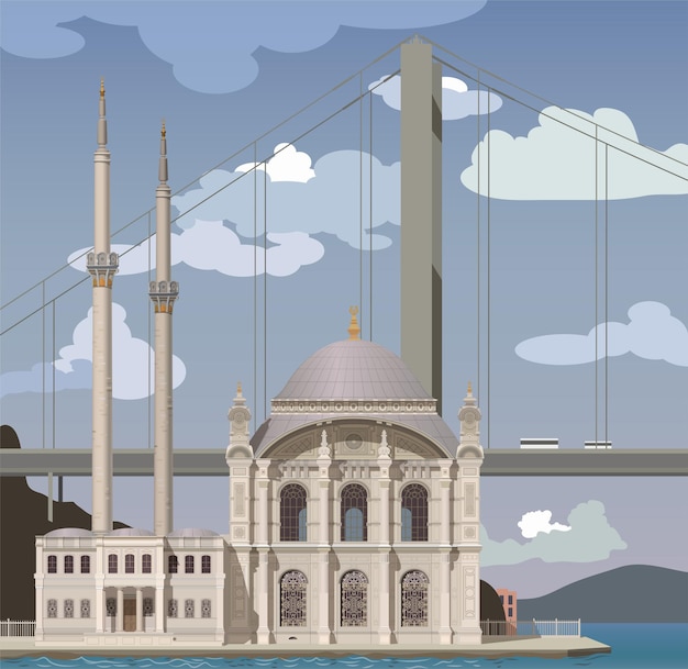 Istanbul, Ortakor Mosque, Big Mosque of Mejidiye. Vector.