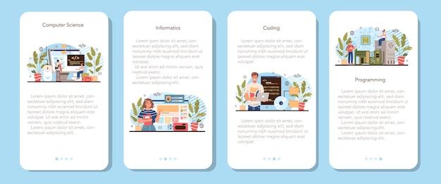 IT education mobile application banner set. Student write software