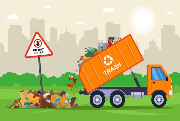 It is illegal to throw city waste into the field dump truck unloads waste