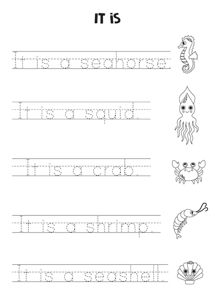 It is sentence for kids Sea animals Black and white worksheet