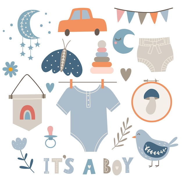 It's a boy. Boho baby clipart for baby shower invitation card, poster. Vector illustration