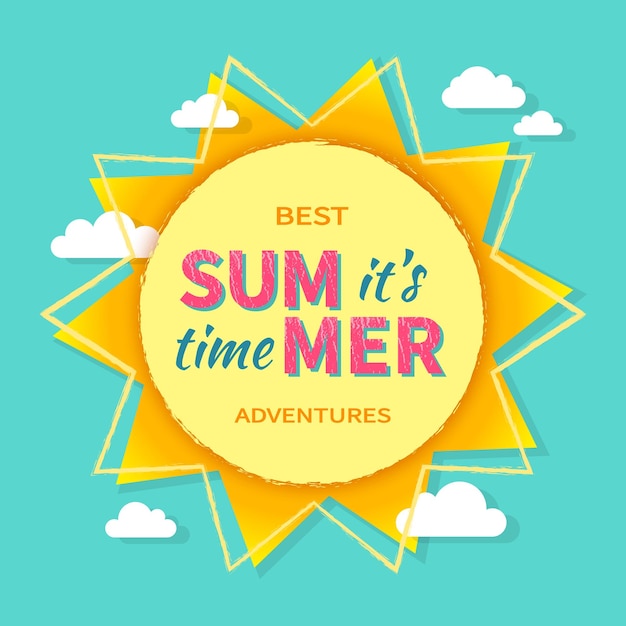 It's Summer time Best adventure Sun with rays clouds and sign Summer logo vector background