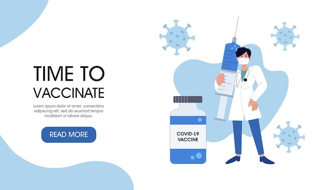 It's time to get vaccinated. Landing page template. Modern flat web design concept. A doctor in a sanitary mask holds a syringe with a vaccine to protect against the pathogens of the coronavirus.