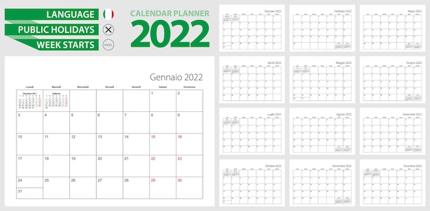 Italian calendar planner for 2022. Italian language, week starts from Monday.