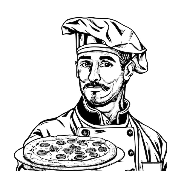 Italian chef holding pizza hand drawn sketch.Restaurant business concept.Logo.Vector Illustration.