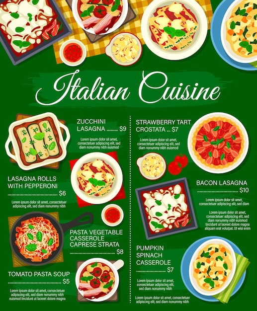 Italian cuisine food pasta and lasagna menu poster