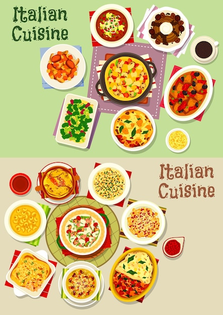 Vector italian cuisine pasta dishes icon set food design