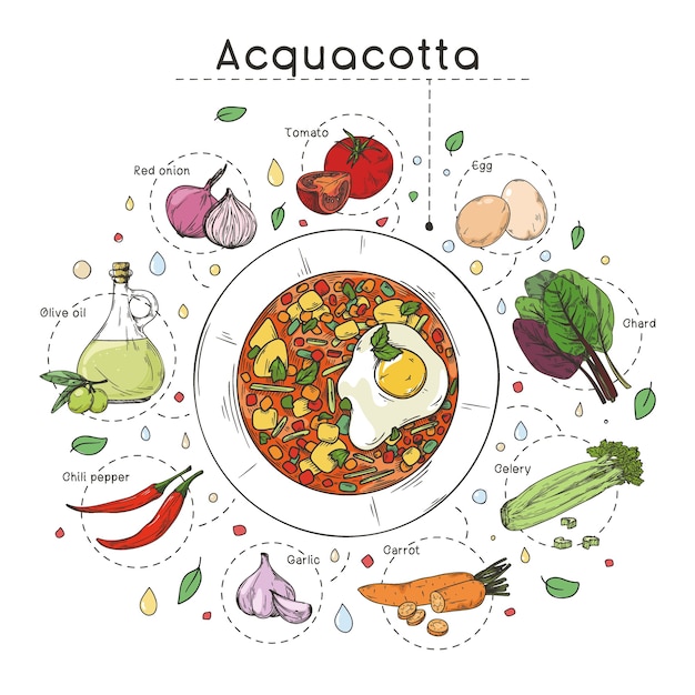 Italian cuisine soup recipe. Plate with soup and different ingredients  on a white background.  illustration