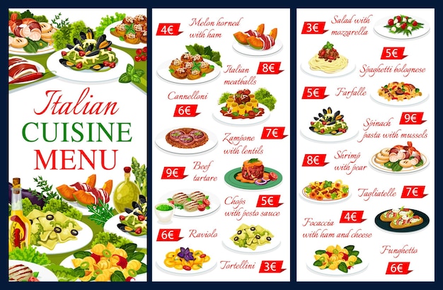 Italian cuisine vector menu meals Italy dishes