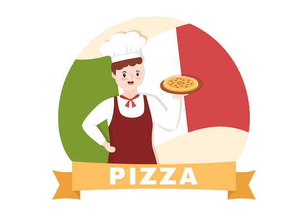 Italian Food Restaurant or Cafeteria with Chef Making Traditional Italy Dishes Pizza in Illustration