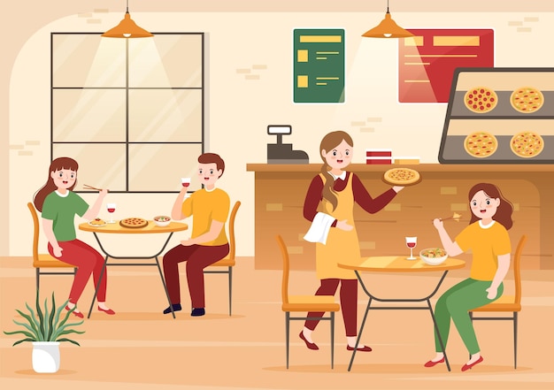 Italian Food Restaurant or Cafeteria with People Eating Traditional Dishes Pizza in Illustration