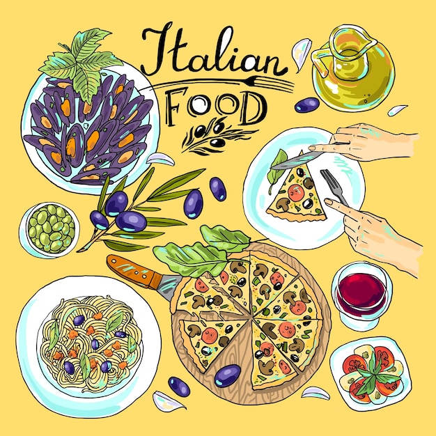 Italian food set of food color handdraw illustration