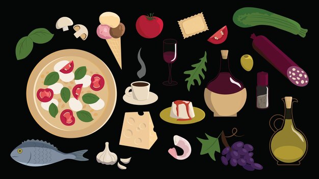 Vector italian or mediterranian food isolated objects set