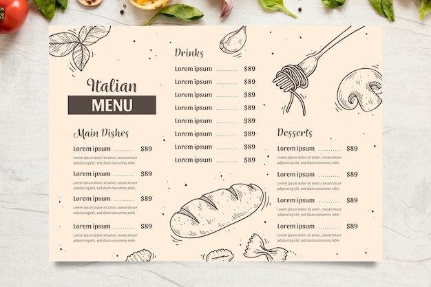 Vector italian menu with dishes, drinks and desserts