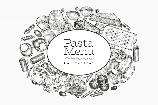 Italian pasta with additions  template. Hand drawn  food illustration. Engraved style. Vintage pasta different kinds background.