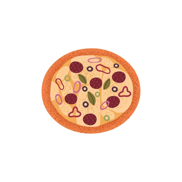 Italian pepperoni pizza with sausages olives mozzarella cheese sweet pepper onion basil leaf Appetizing snack circle with salami Flat vector illustration isolated on white background