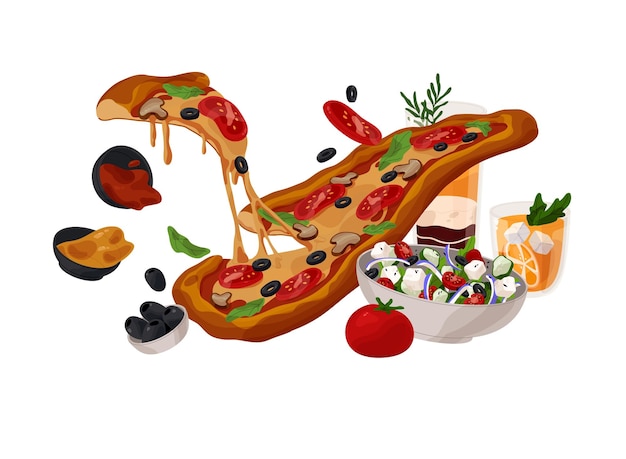 Italian pizza with tomato mushrooms olives cheese Vegetarian fast food veggie eating Vegetable salad with mozzarella on dish Flying meal Lunch flat isolated vector illustration on white