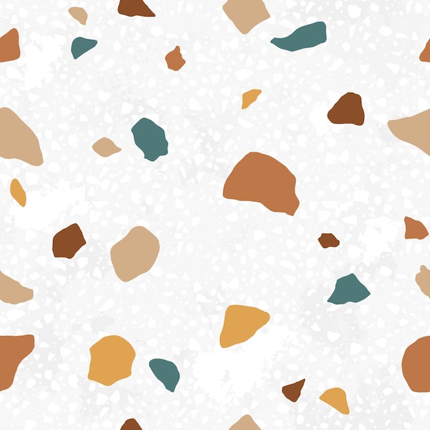 Italian terrazzo seamless pattern. Trendy endless texture design with repeatable scattered stone fragments of organic irregular shapes. Modern floor tile. Colored vector background at neutral colors.