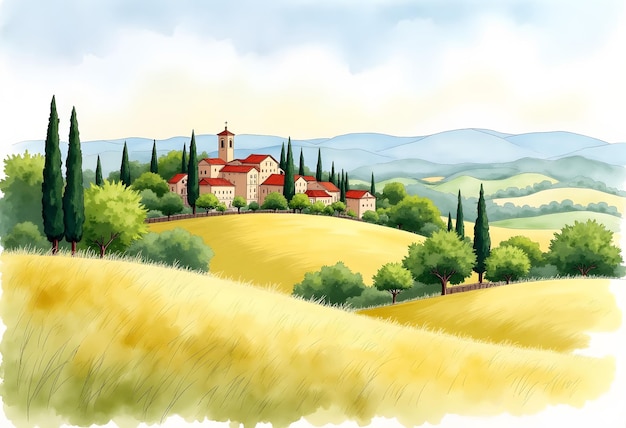 Italian village cartoon landscape with green hills and fields Vector illustration Flat design post