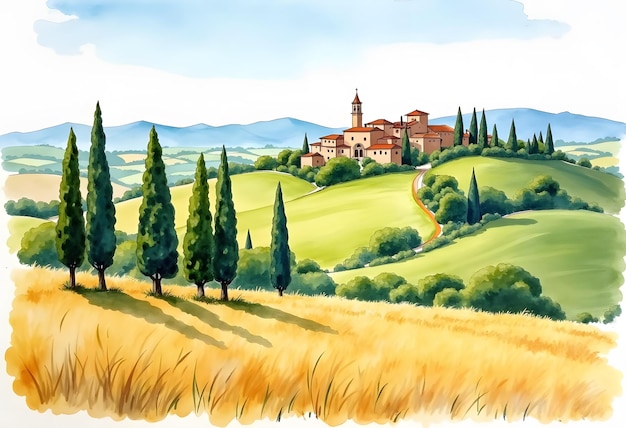 Vector italian village cartoon landscape with green hills and fields vector illustration flat design post