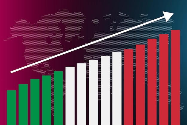 Italy bar chart graph, increasing values, country statistics concept, Italy flag on bar graph