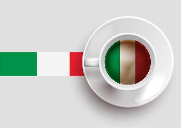 Italy flag with a tasty coffee cup on top view