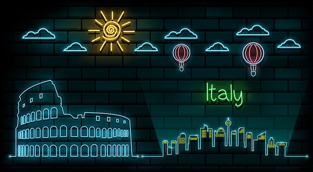 Italy and Rome Travel And Journey neon light background