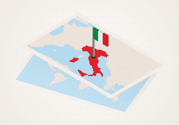 Vector italy selected on map with isometric flag of italy