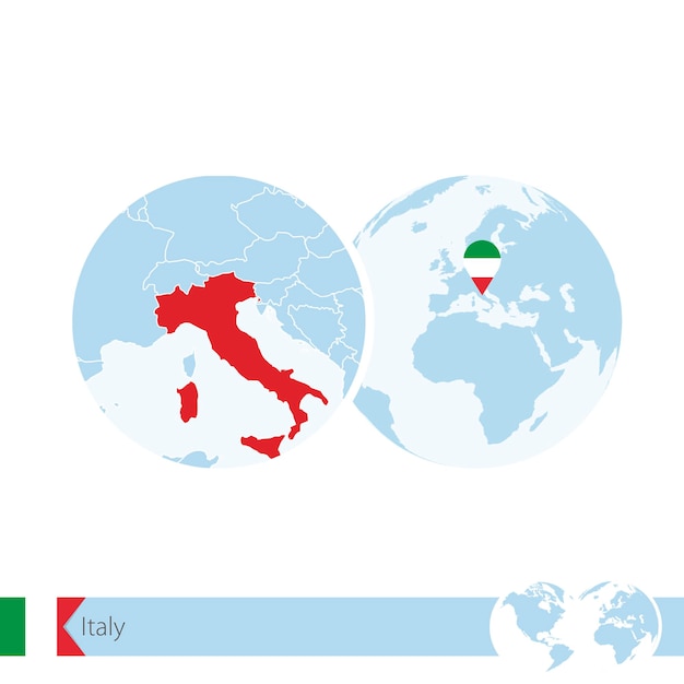 Italy on world globe with flag and regional map of Italy. Vector Illustration.