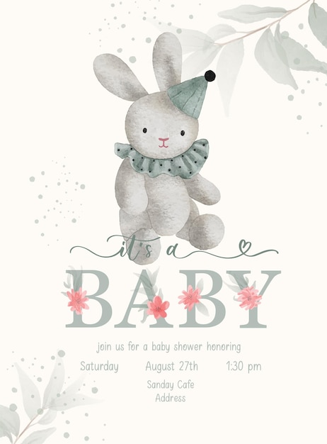 Its a Baby Baby Shower lettering invitation template with watercolor plush toy and green leaf