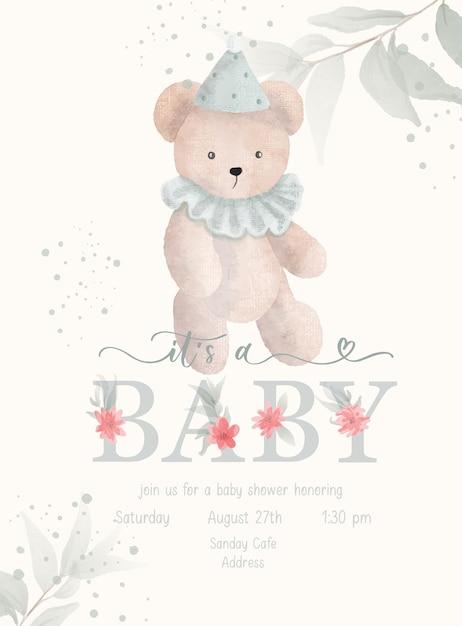 Its a Baby Baby Shower lettering invitation template with watercolor plush toy and green leaf