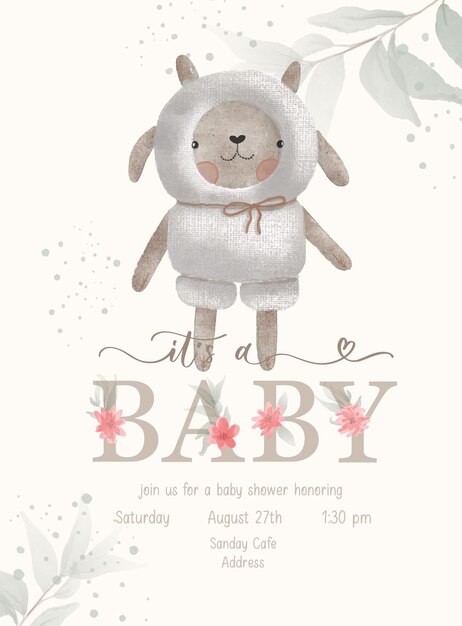 Vector its a baby baby shower lettering invitation template with watercolor plush toy and green leaf