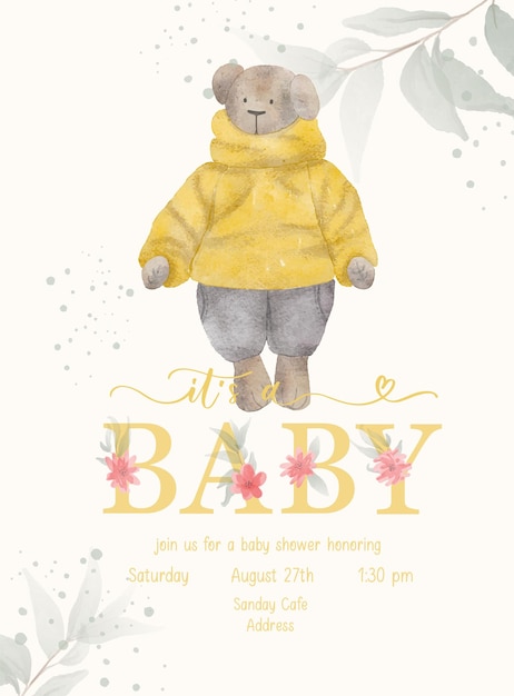 Its a Baby Baby Shower lettering invitation template with watercolor plush toy and green leaf