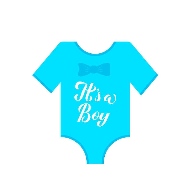 Its a boy calligraphy hand lettering on blue baby onesie Gender reveal sign Baby shower decorations Vector template for invitation greeting card banner typography poster label etc