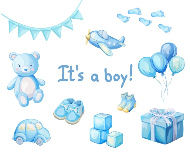 Vector its a boy set baby elements in watercolor