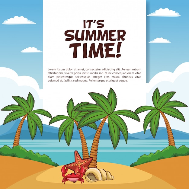 Its summer time poster with beautiful beach scenery vector illustration graphic design