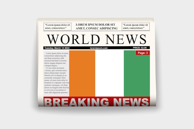 Ivory Coast country newspaper flag breaking news on newsletter news concept gazette page headline