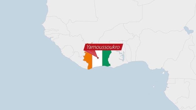 Ivory Coast map highlighted in Ivory Coast flag colors and pin of country capital Yamoussoukro