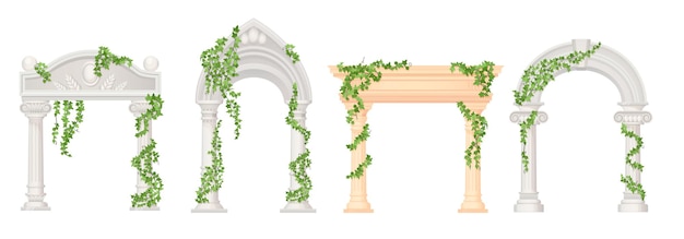 Ivy arches Historic gardens arc with marble pillar wedding gate old castle entrance arch with vines green creeper portal in rome palace or temple vector illustration of marble pillar and column