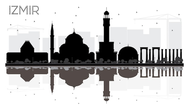 Izmir Turkey City Skyline Black and White Silhouette with Reflections. Business travel concept. Izmir Cityscape with Landmarks.