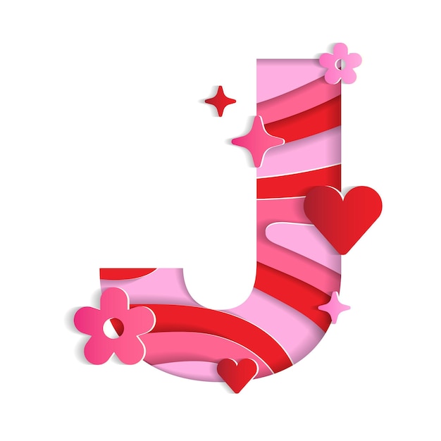 J Alphabet Valentines Day Love Character Font Letter Paper Flower Heart 3D Layer Paper Cutout Card