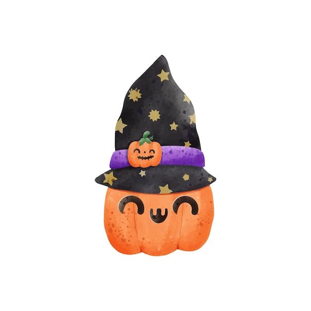 jack o lantern pumpkin wearing witch hat watercolor Happy Halloween holiday Orange pumpkin