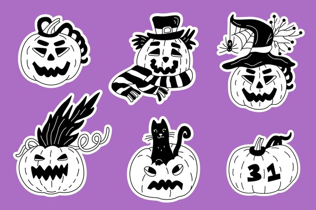 Vector jack o lantern stickers set hand drawn doodle illustrator with white outlines