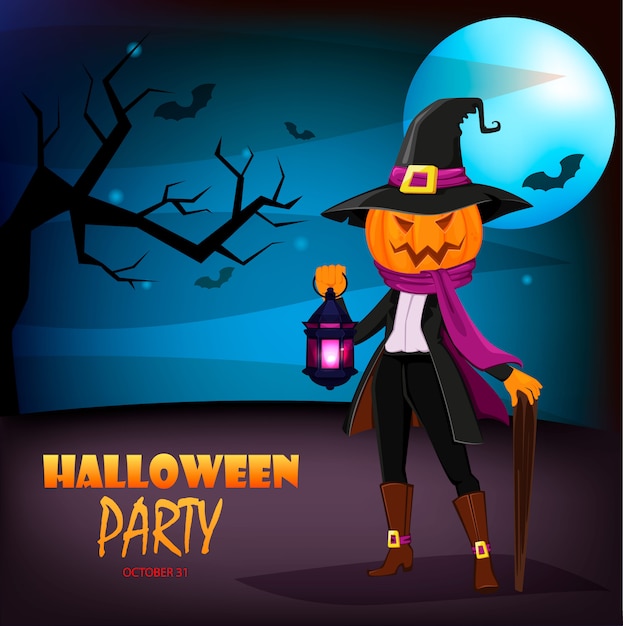 Jack O' Lantern with pumpkin instead of head. Halloween party invitation