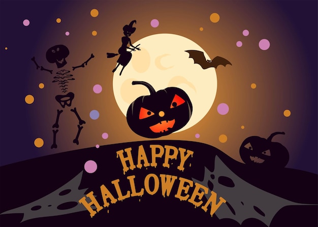 Jack pumpkin and skeleton against the background of the moon Vector