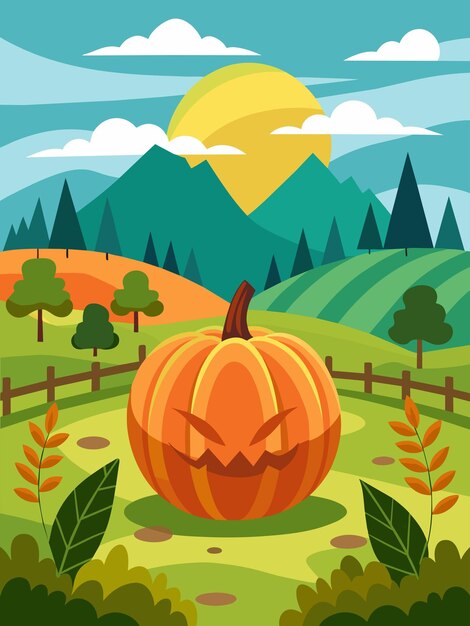 Vector a jackolantern in a rural field with a mountain view and a sun in the sky